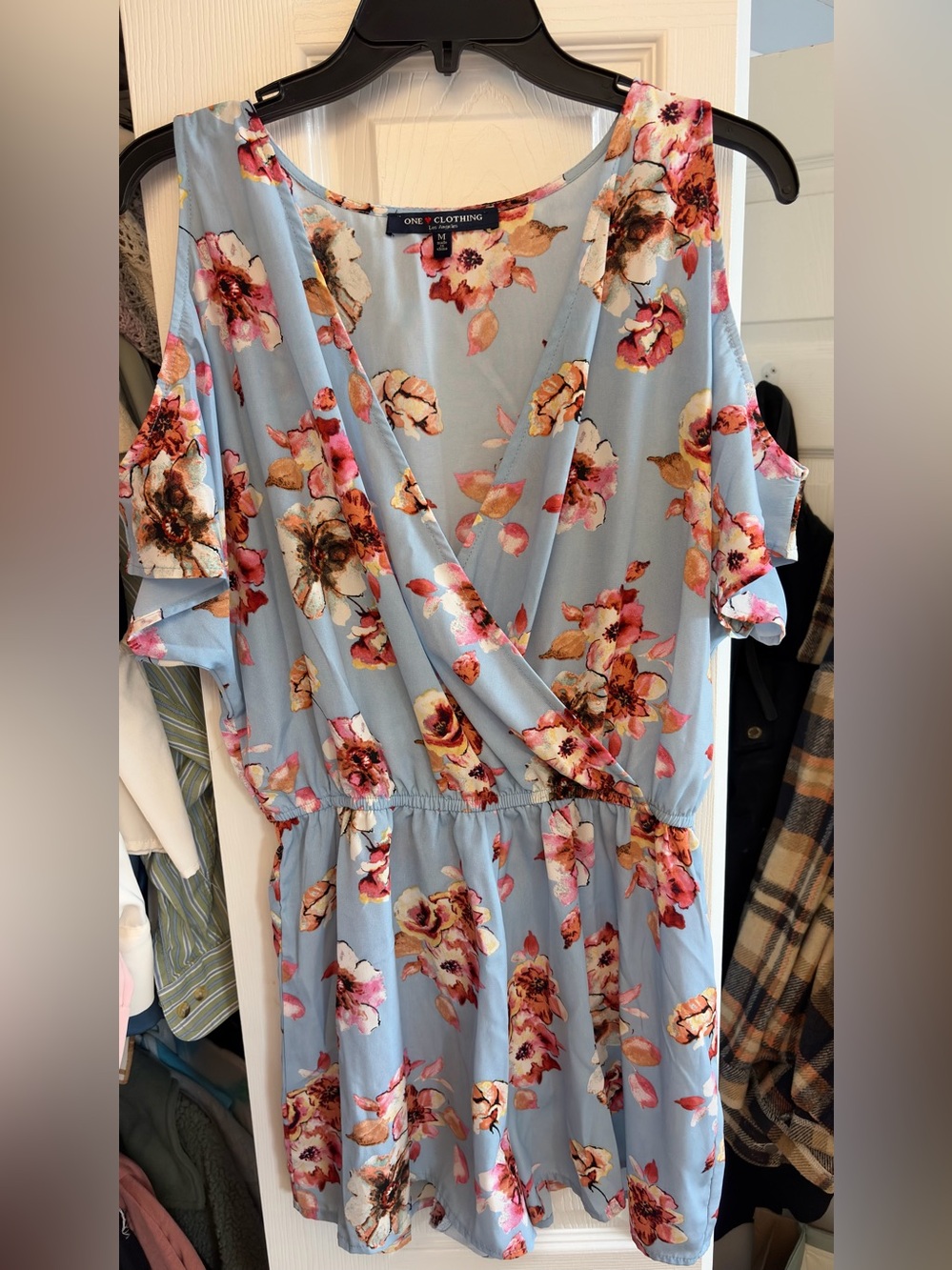 one clothing Baby Blue Floral Cold-Shoulder Wrap Dress